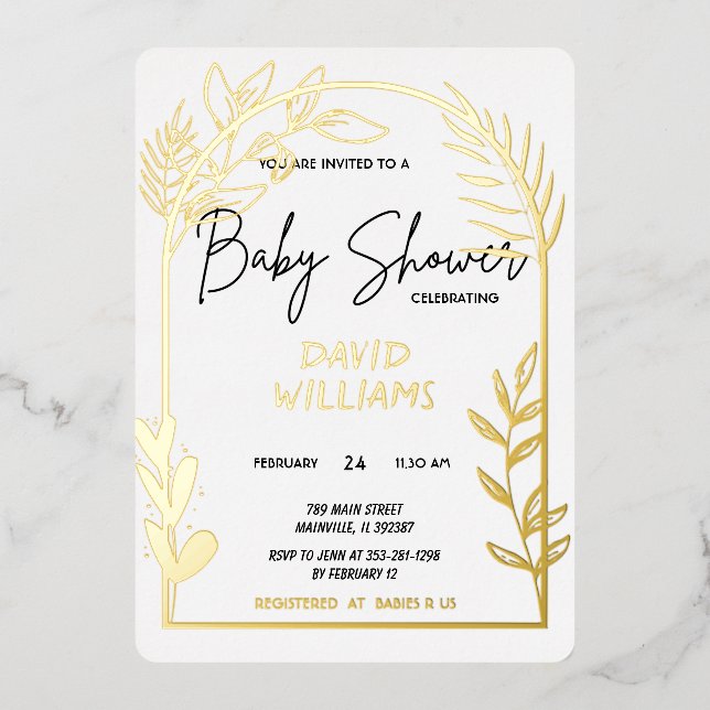 En Aluminium Invitation simple de Baby shower blanc et or (Recto)