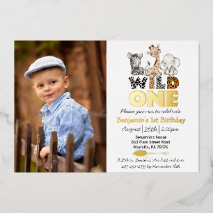 En Aluminium Jungle Wild One Photo Real Gold Foil Invitation