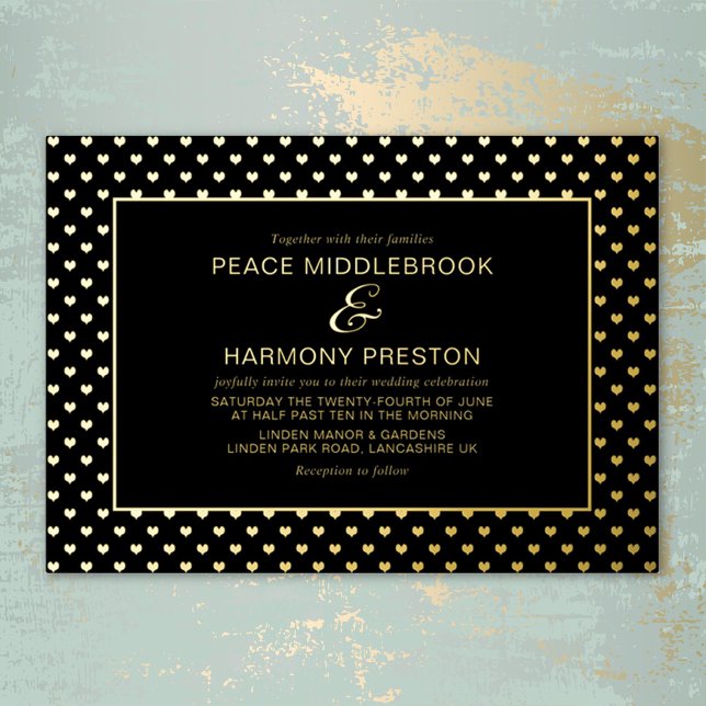 En Aluminium Love Hearts Gold Black Mariage Foil Invitation (Créateur téléchargé)