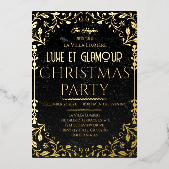 En Aluminium Luxe et Glamour Black Gold Christmas Invitation (Recto)