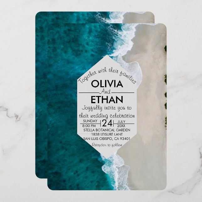 En Aluminium Marine bleu vagues côtier Mariage Foil Invitation (Recto/Verso)