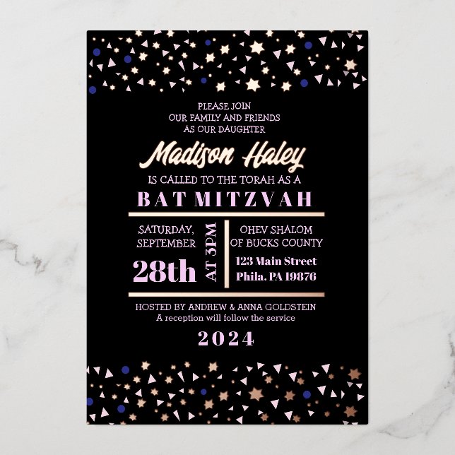 En Aluminium Marine Stars Bar Bat mitzvah Invitation Gold Inlay (Recto)