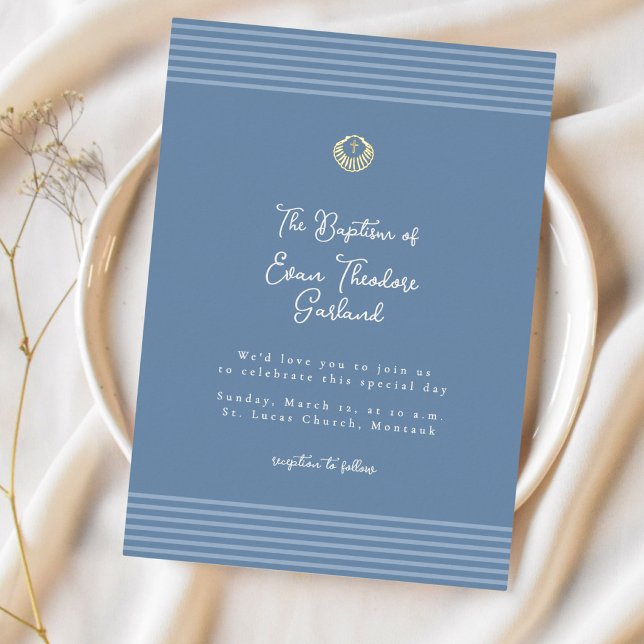 En Aluminium Minimal modern blue baptism Foil Invitation (Créateur téléchargé)