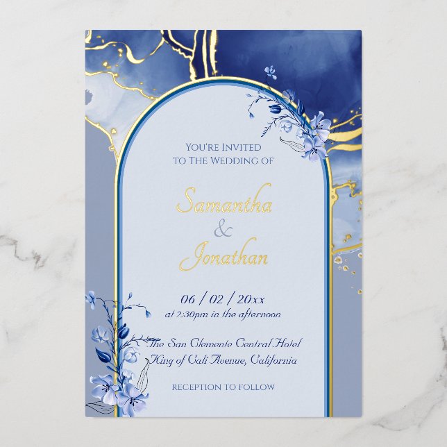 En Aluminium Moderne Blue Aqua Marbre Mariage Foil Invitation (Recto)
