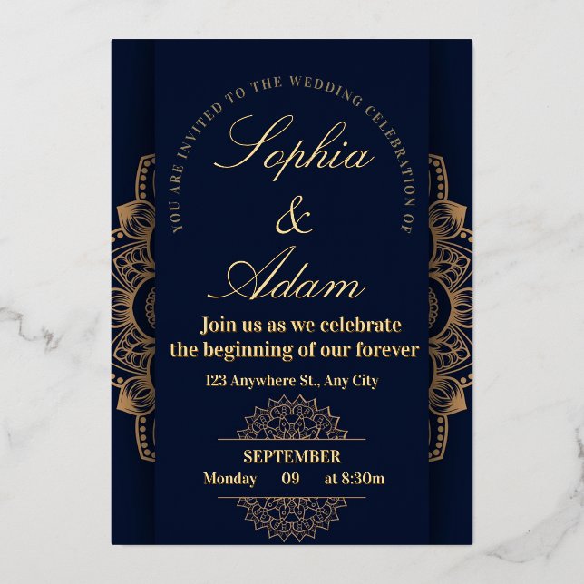 En Aluminium Navy & Gold Mandala Invitation (Recto)