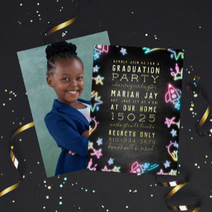 En Aluminium Neon Space Doodles Graduation Party Invitation
