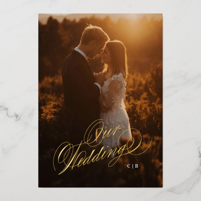 En Aluminium Notre Mariage Photo Foil Wedding Invitation (Recto)