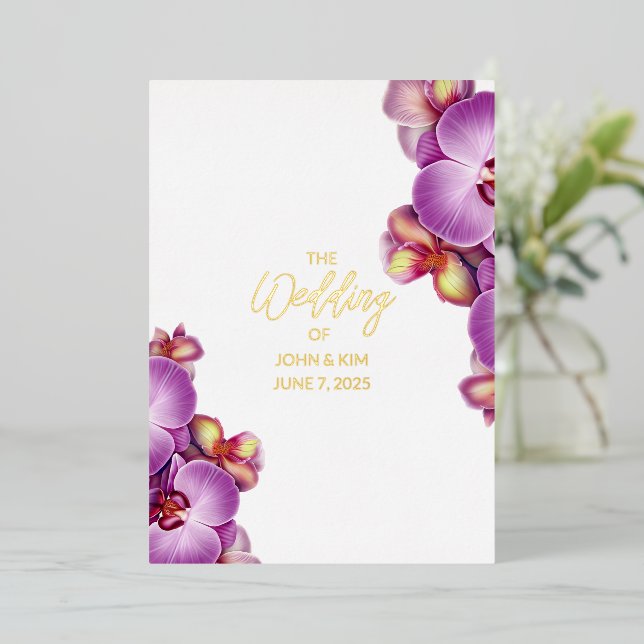 En Aluminium Orchidées Mariage Gold Foil Invitation (Debout devant)