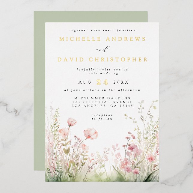 En Aluminium Pastel Fleur sauvage Mariage Foil Invitation (Recto/Verso)