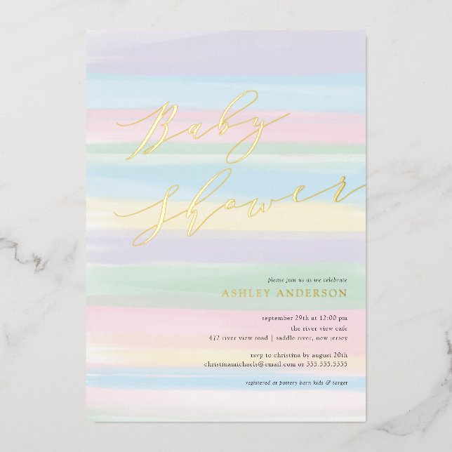 En Aluminium Pastel Rainbow Stripes Baby shower Foil Invitation (Recto)