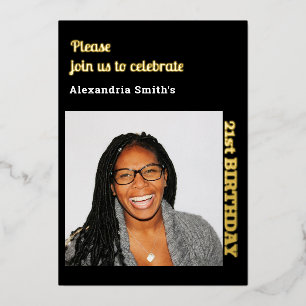 En Aluminium Photo 21e anniversaire Black Gold Foil Invitation