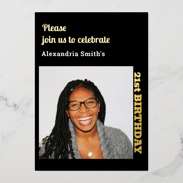 En Aluminium Photo 21e anniversaire Black Gold Foil Invitation (Recto)