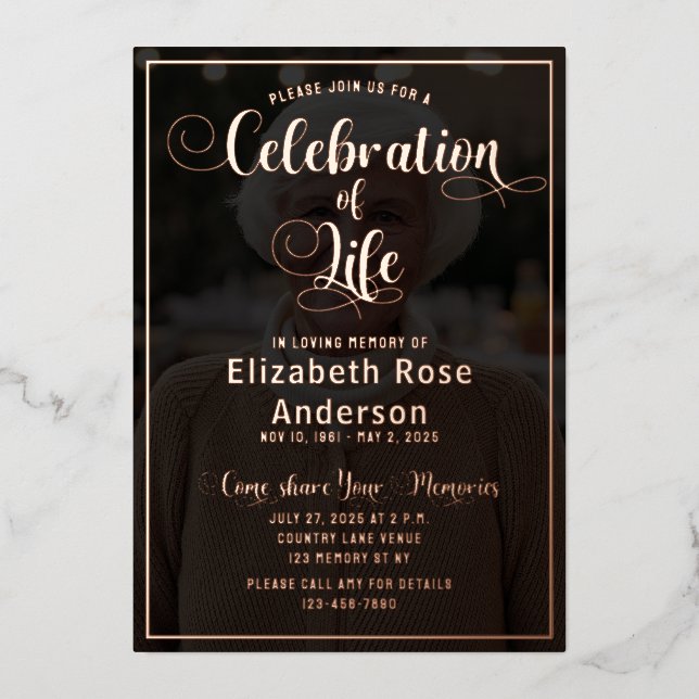 En Aluminium Photo Celebration of Life RoseGold Foil Invitation (Recto)