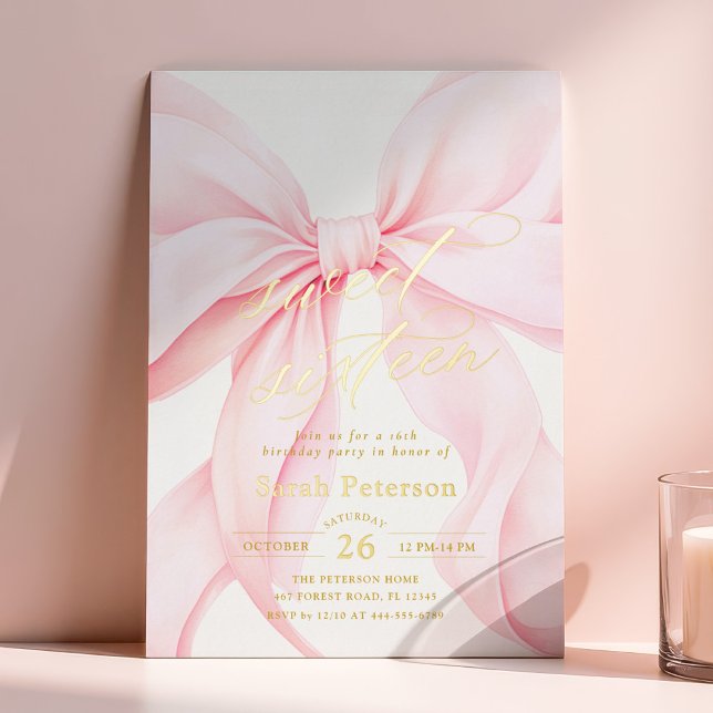 En Aluminium Pink Bow Sweet Sixteen Birthday Foil Invitation (Créateur téléchargé)