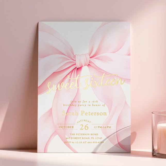 En Aluminium Pink Bow Sweet Sixteen Birthday Foil Invitation (Créateur téléchargé)
