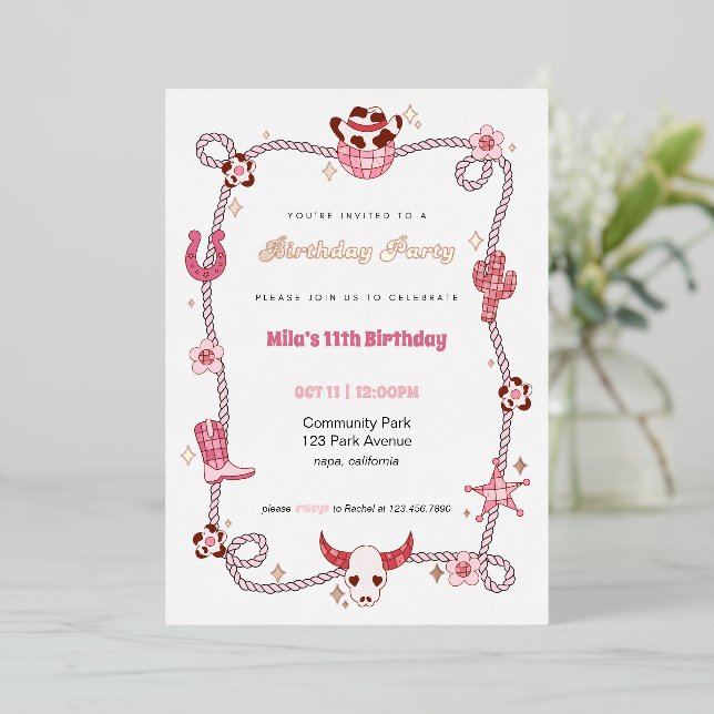 En Aluminium Pink Disco Cowgirl Foil Invitation Anniversaire (Debout devant)