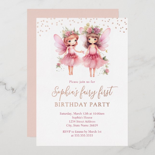 En Aluminium Pink Fairy 1er Anniversaire Fête Invitation (Recto/Verso)