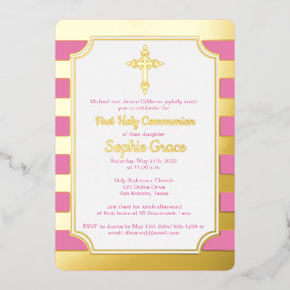 En Aluminium Pink, Gold Foil Stripe 1er Invitation de communion