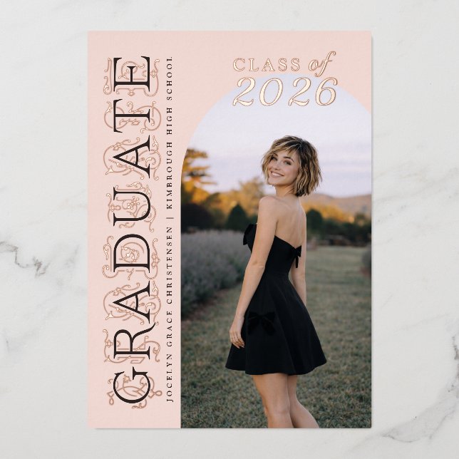 En Aluminium Pink Photo Graduation Rose Gold Foil Invitation (Recto)
