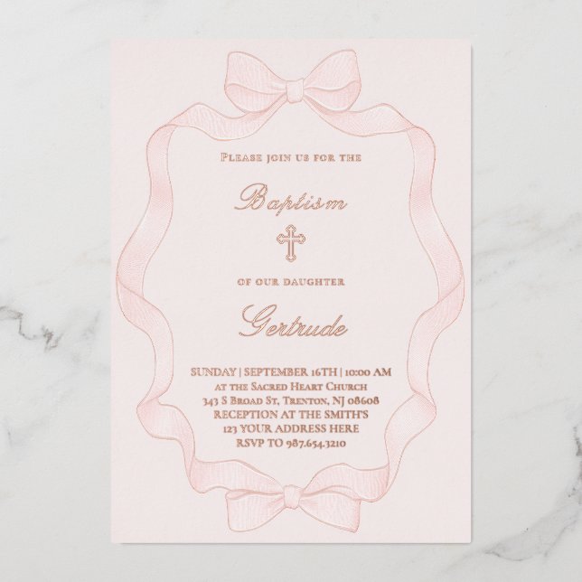 En Aluminium  pink ribbon frame Baptism Invitation (Recto)