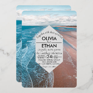 En Aluminium plage côtière bleu marine Mariage Foil Invitation