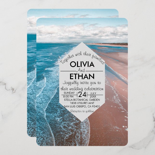 En Aluminium plage côtière bleu marine Mariage Foil Invitation (Recto/Verso)