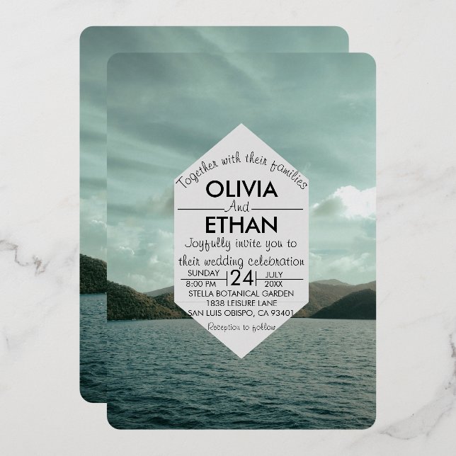 En Aluminium Plage marine bleu Mariage Foil Invitation (Recto/Verso)