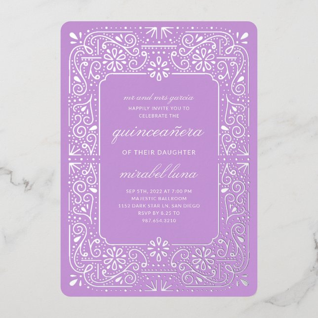 En Aluminium Purple Quinceañera invitaciones Foil Invitation (Recto)