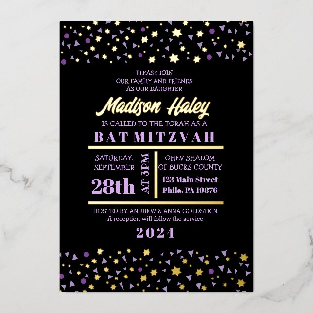 En Aluminium Purple Stars Bar Bat mitzvah Invitation Gold Inlay (Recto)