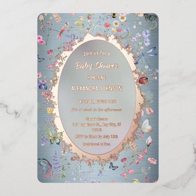 En Aluminium Quelque chose de Baby shower bleu Foil Invitation (Recto)
