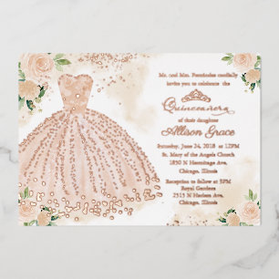 En Aluminium Quinceanera Invitation Floral Blush Gown or Rose