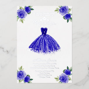 En Aluminium Quinceanera Invitation Floral Royal Blue Gown