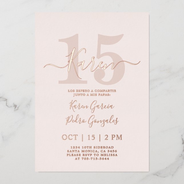 En Aluminium Real Rose Gold feuille Quinceañera Invitation (Recto)