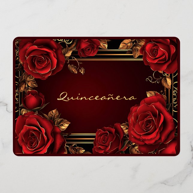 En Aluminium Red Roses Gold Frame Quinceañera Foil Invitation (Recto)