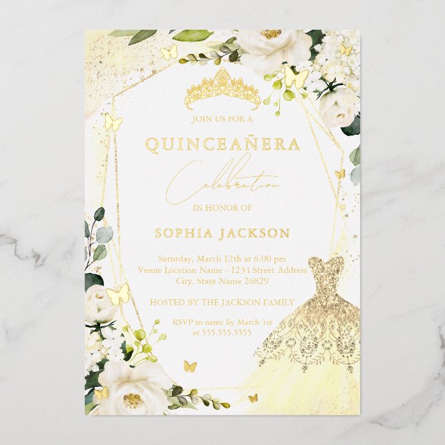 En Aluminium Robe Florale d'or quinceanera Foil Invitation (Recto)