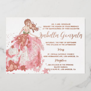 En Aluminium Robe rose or étincelante Quinceañera Invitation