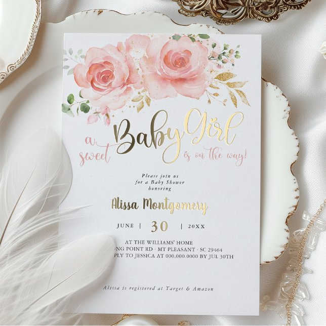 En Aluminium Rose Blush Floral Baby shower Invitation fille (Créateur téléchargé)