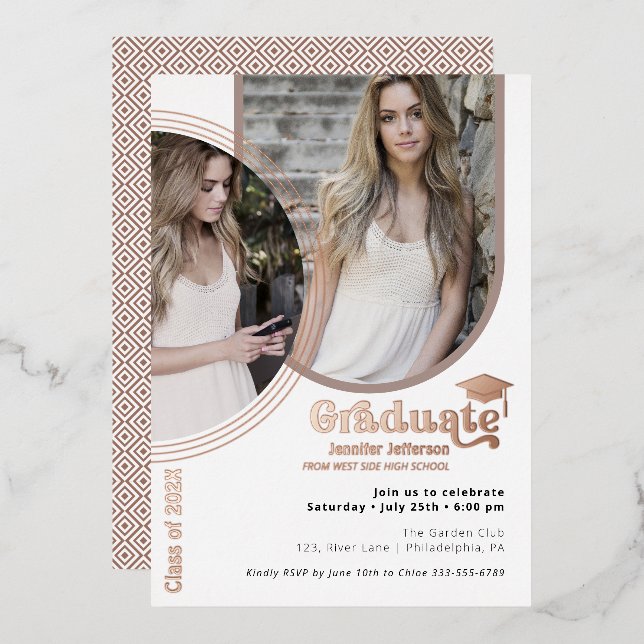 En Aluminium Rose Gold Graduation 2 Photos Foil Invitation (Recto/Verso)