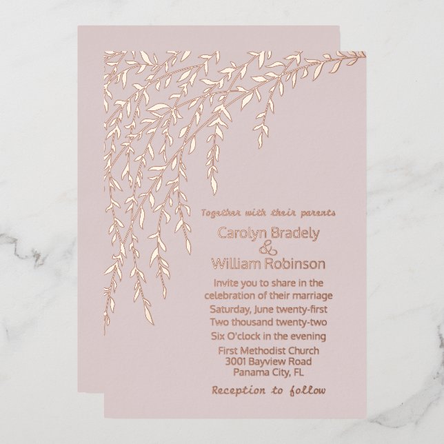 En Aluminium Rose Gold Willows Blush Mariage Foil Invitation (Recto/Verso)