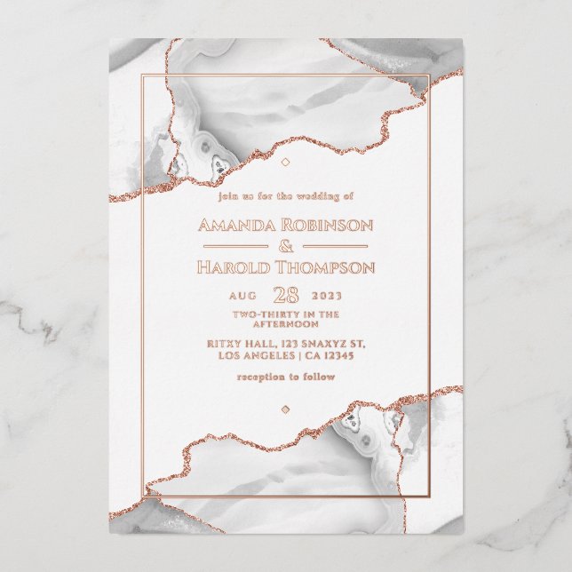 En Aluminium Rose Or et blanc Agate Mariage Foil Invitation (Recto)