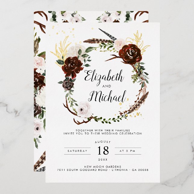 En Aluminium Rustique Floral | Invitation de mariage bohème bot (Recto/Verso)