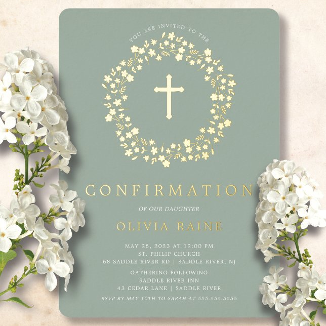 En Aluminium Sage Floral Confirmation Foil Invitation (Créateur téléchargé)