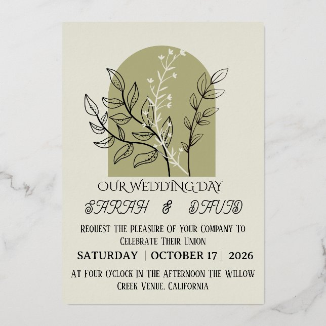 En Aluminium Sage Green Arch Botanical Wedding Invitation   (Recto)