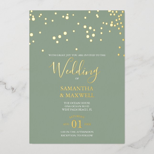 En Aluminium Sage Typographie Mariage Foil Invitation (Recto)
