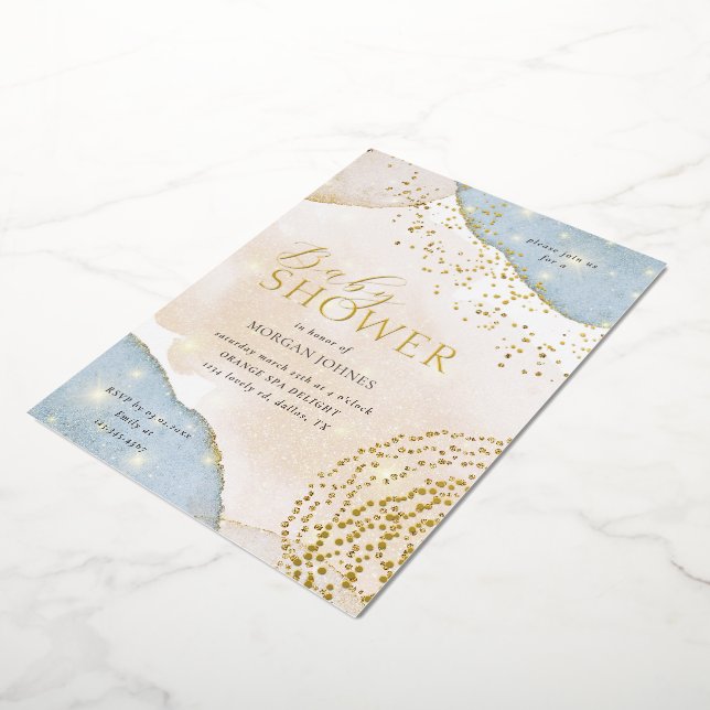En Aluminium Script moderne Elegant Baby shower Foil Invitation (Rotation)
