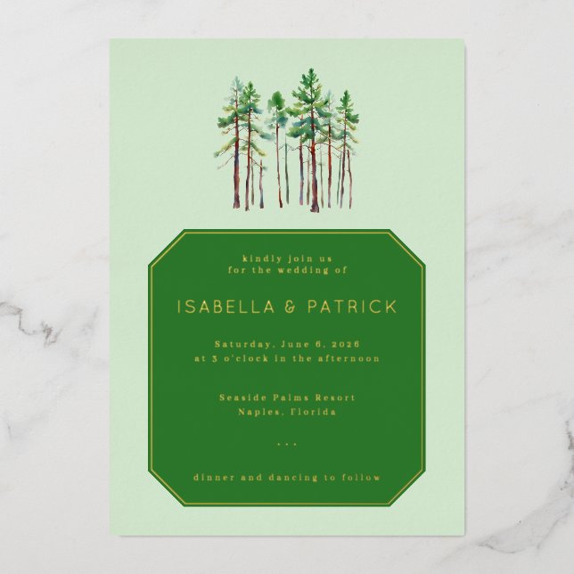 En Aluminium Serene Green Pine Tree Wedding Invitation (Recto)
