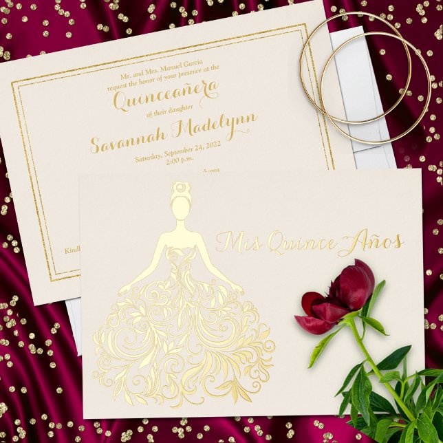 En Aluminium Silhouette Quinceañera Invitation Ivoire Gold Foil (Créateur téléchargé)