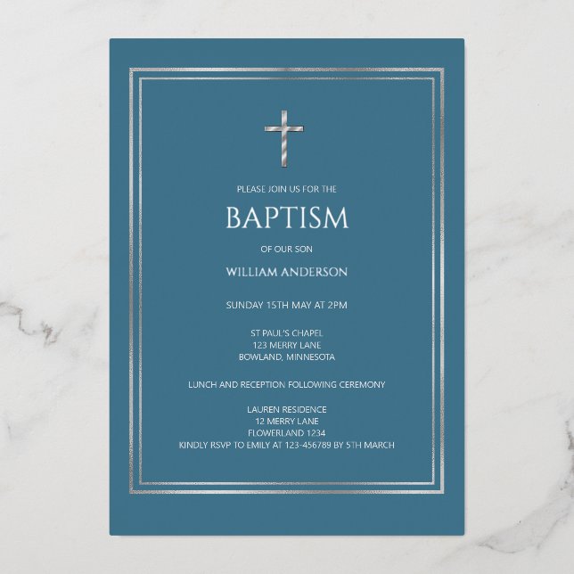 En Aluminium Silver Cross Boy dusty Blue foil Invitation (Recto)