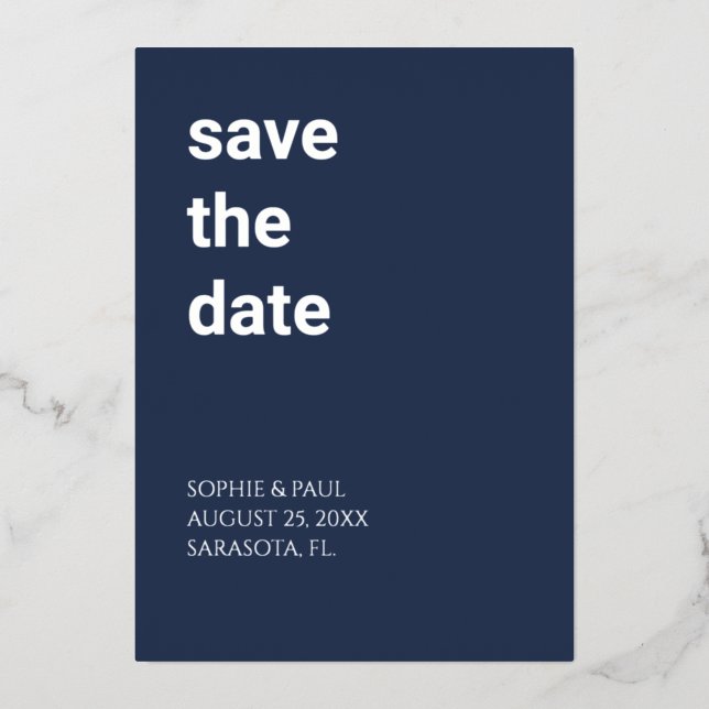 En Aluminium Simple Navy Blue Save the Date Foil Invitation (Recto)