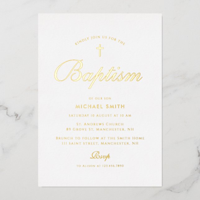 En Aluminium simple or croix moderne baptême invitation (Recto)